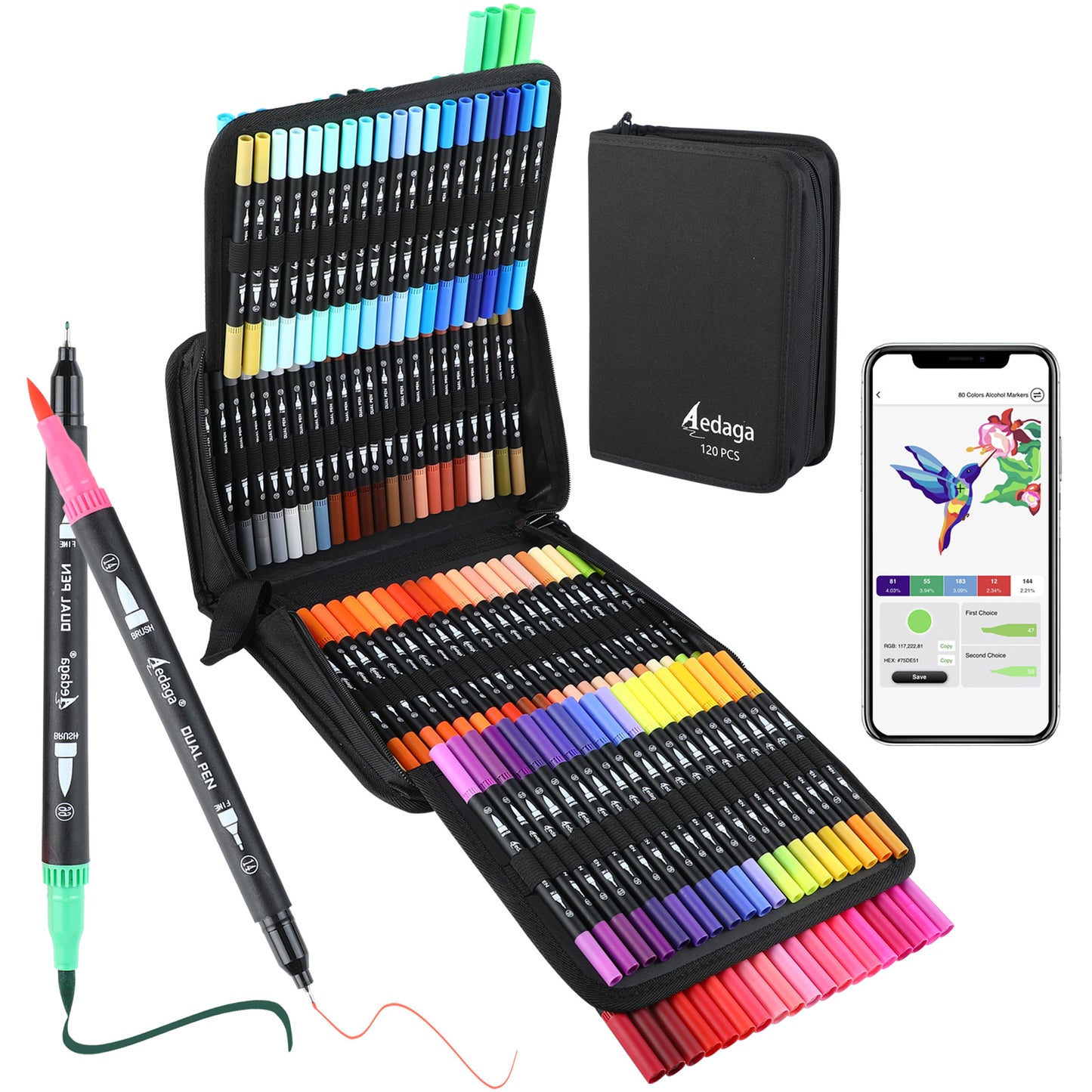 120 Colors Numbered Dual Tip Brush Pens with Free App