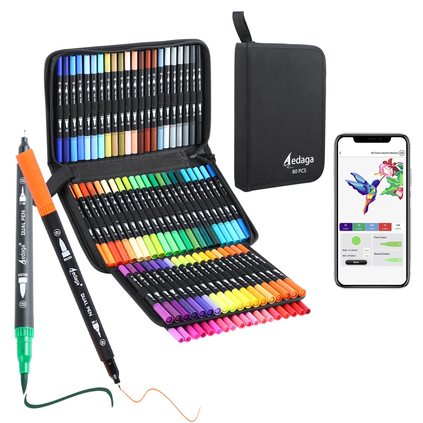 80 Colors Numbered Dual Tip Brush Pens with Free App