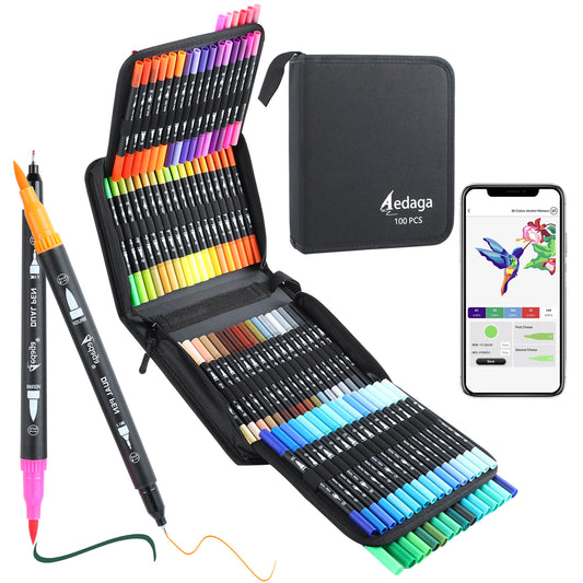 100 Colors Numbered Dual Tip Brush Pens with Free App