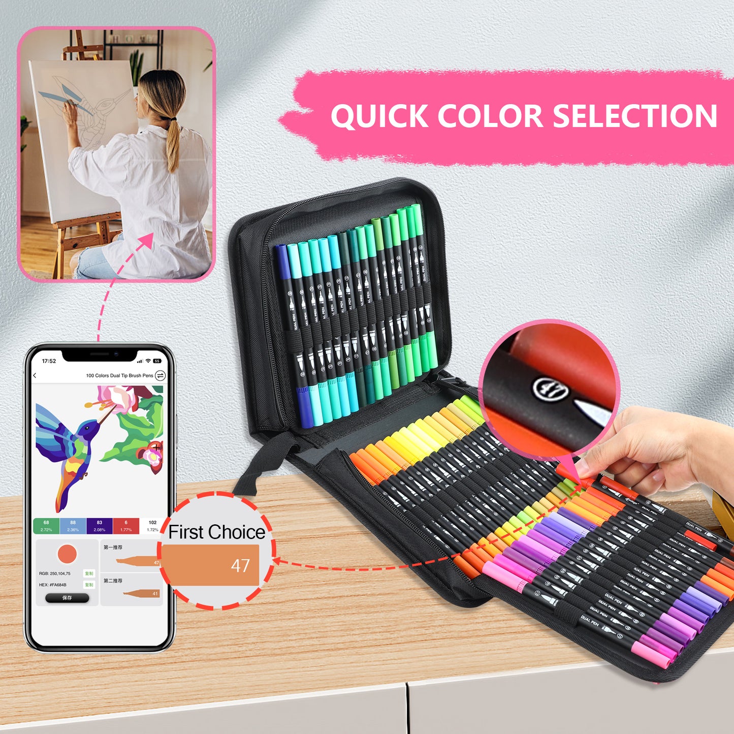 100 Colors Numbered Dual Tip Brush Pens with Free App