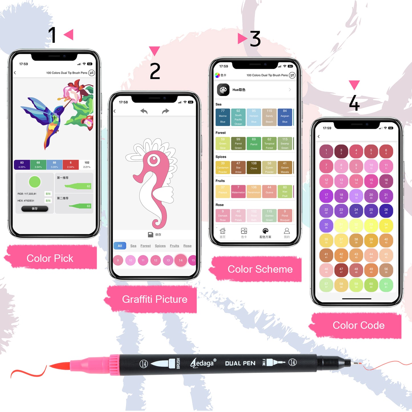 100 Colors Numbered Dual Tip Brush Pens with Free App