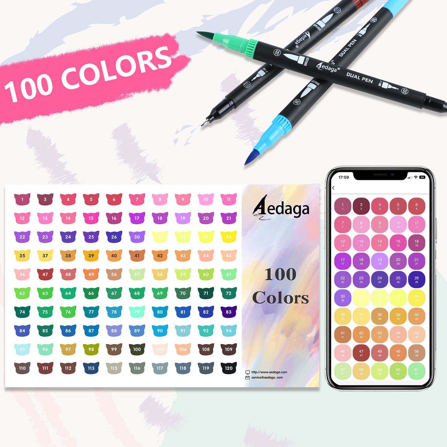 100 Colors Numbered Dual Tip Brush Pens with Free App