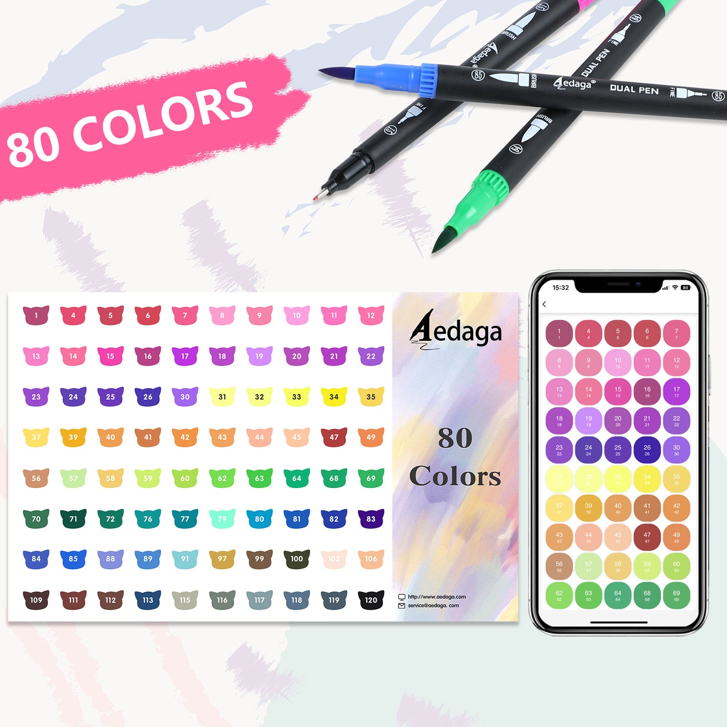 80 Colors Numbered Dual Tip Brush Pens with Free App